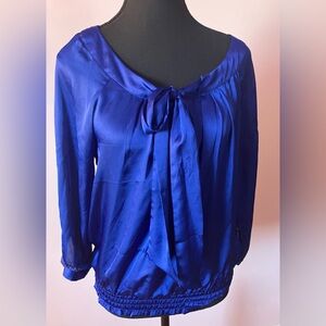 Suzy Shier silky blue long sleeve shirt with neck ties Size S